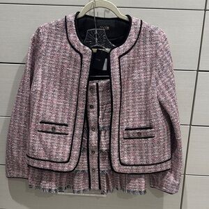Maje Pink Tweed Cropped Blazer with Black Piping and matching skirt. NWT